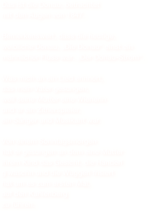 Das ist die Donau, betrachtet
mit den Augen von 1847.

Bemerkenswert, dass die heutige, 
weibliche Donau, „Die Donau“ einst ein männlicher Fluss war, „Der Donau-Strom“.

Was mich an ein Lied erinnert,
das mein Vater gesungen,
weil seine Mutter eine Wienerin
und er ein Zitherspieler,
ein Sänger und Musikant war.

Von einem Sonntagsmorgen
hat er gesungen an dem eine Mutter 
ihrem Kind das Gesicht, die Handerl g`waschn und die Wuggerl frisiert 
hat um es zum ersten Mal, 
auf den Kahlenberg 
zu führen.


