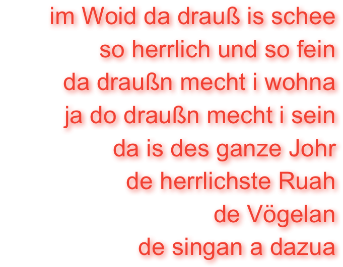 im Woid da drauß is schee
so herrlich und so fein
da draußn mecht i wohna
ja do draußn mecht i sein
da is des ganze Johr
de herrlichste Ruah
de Vögelan
de singan a dazua