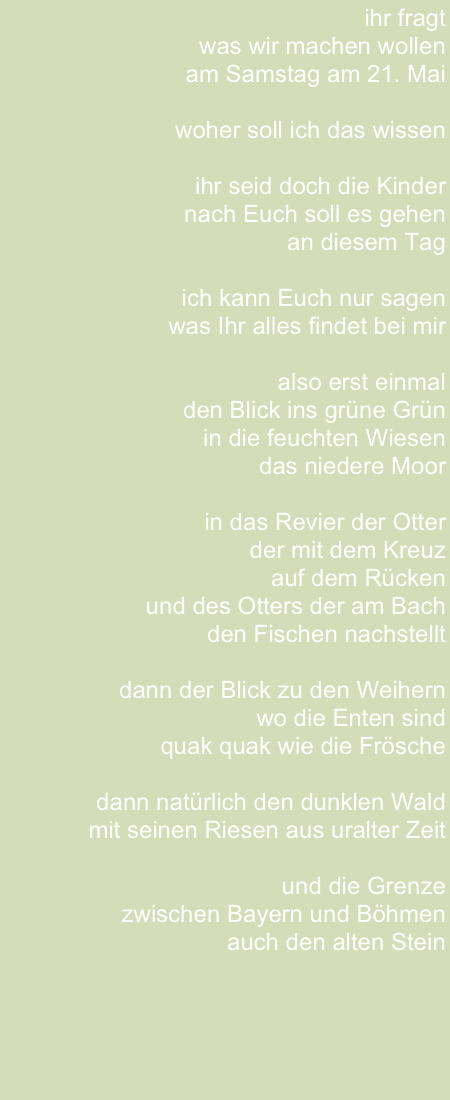 ihr fragt 
was wir machen wollen 
am Samstag am 21. Mai

woher soll ich das wissen

ihr seid doch die Kinder
nach Euch soll es gehen 
an diesem Tag 

ich kann Euch nur sagen 
was Ihr alles findet bei mir

also erst einmal 
den Blick ins grüne Grün
in die feuchten Wiesen 
 das niedere Moor

in das Revier der Otter 
der mit dem Kreuz 
auf dem Rücken
und des Otters der am Bach 
den Fischen nachstellt 

dann der Blick zu den Weihern 
wo die Enten sind 
quak quak wie die Frösche

dann natürlich den dunklen Wald
mit seinen Riesen aus uralter Zeit

und die Grenze 
zwischen Bayern und Böhmen 
auch den alten Stein