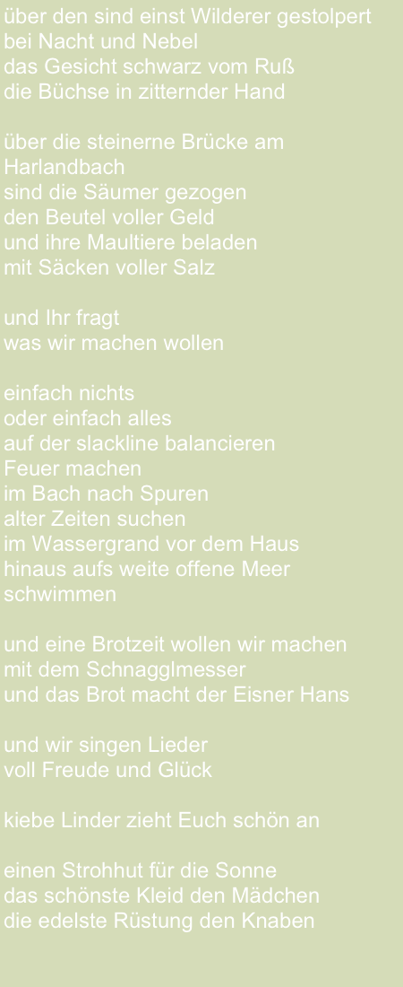 über den sind einst Wilderer gestolpert 
bei Nacht und Nebel 
das Gesicht schwarz vom Ruß
die Büchse in zitternder Hand
 
über die steinerne Brücke am Harlandbach
sind die Säumer gezogen 
den Beutel voller Geld 
und ihre Maultiere beladen 
mit Säcken voller Salz

und Ihr fragt
was wir machen wollen

einfach nichts
oder einfach alles
auf der slackline balancieren
Feuer machen 
im Bach nach Spuren 
alter Zeiten suchen
im Wassergrand vor dem Haus 
hinaus aufs weite offene Meer schwimmen

und eine Brotzeit wollen wir machen
mit dem Schnagglmesser
und das Brot macht der Eisner Hans

und wir singen Lieder
voll Freude und Glück

kiebe Linder zieht Euch schön an

einen Strohhut für die Sonne
das schönste Kleid den Mädchen
die edelste Rüstung den Knaben
